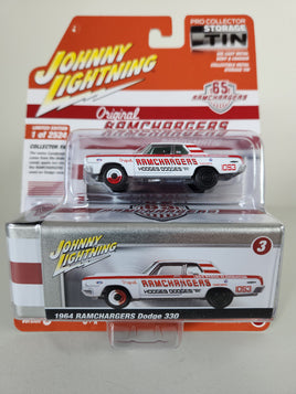 1:64 1964 Ramcharger Dodge 330, White with Red Stripes and Storage Tin by Johnny Lightning