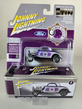 1:64 Crower Cams 1934 Ford Coupe, Purple with Storage Tin by Johnny Lightning